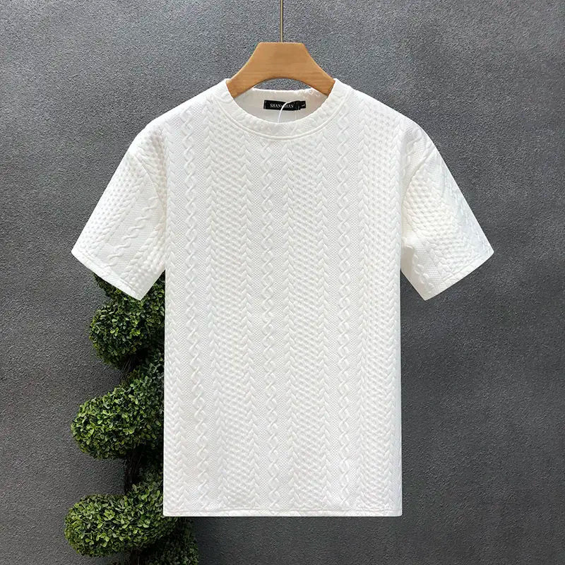 Simplicity Trend Versatile Summer Men's Solid Color Round Neck Jacquard Weave Fashion Versatile Loose Short Sleeve T-Shirts Top