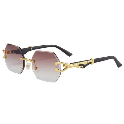 Vintage Rimless Polygonal Metal Frame Sunglasses with Leopard DesignTemples -Unisex