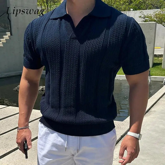 Fashion Mesh Knitted Polo Shirts Men Trendy Slim Fit Short Sleeve Breathable Knit T Shirt Mens Spring Summer Streetwear Polo Tee