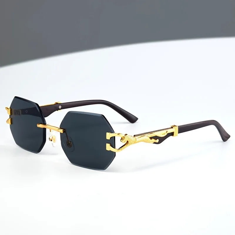 Vintage Rimless Polygonal Metal Frame Sunglasses with Leopard DesignTemples -Unisex