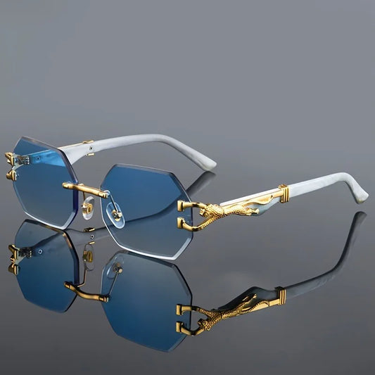 Vintage Rimless Polygonal Metal Frame Sunglasses with Leopard DesignTemples -Unisex