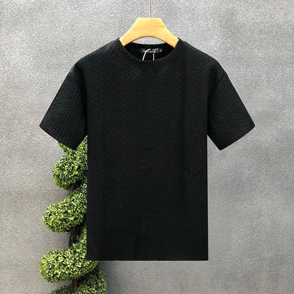 Simplicity Trend Versatile Summer Men's Solid Color Round Neck Jacquard Weave Fashion Versatile Loose Short Sleeve T-Shirts Top