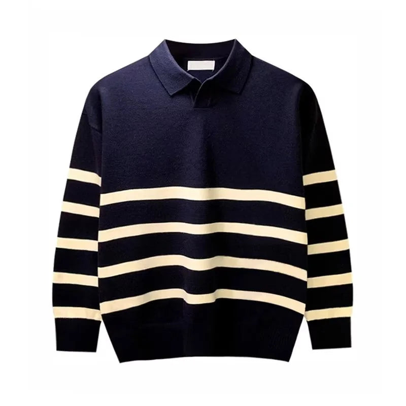 Simple Lapel Striped Sweater for Men – Casual & Stylish