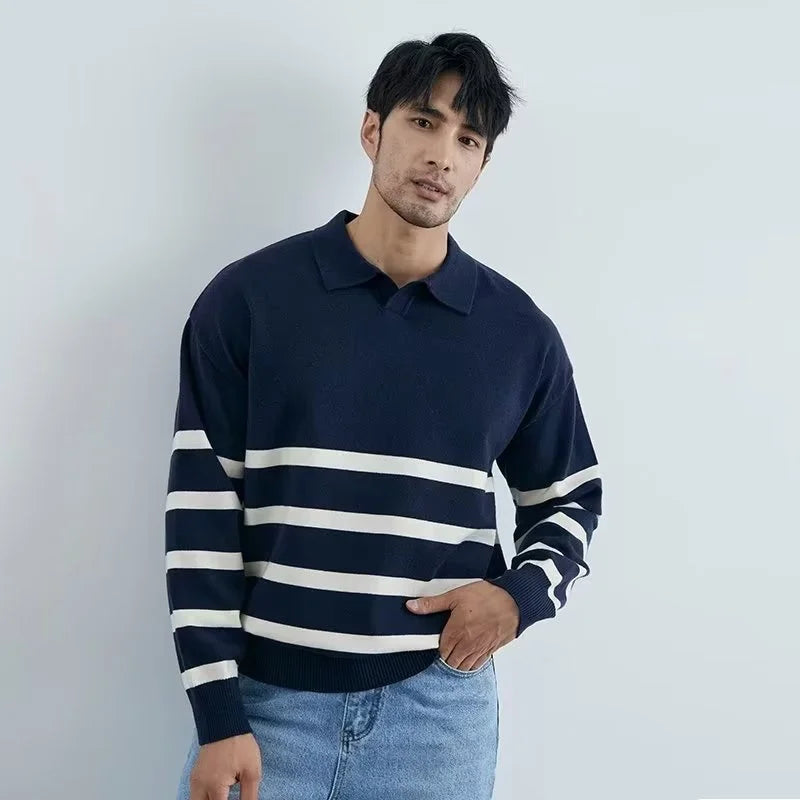 Simple Lapel Striped Sweater for Men – Casual & Stylish