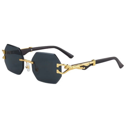 Vintage Rimless Polygonal Metal Frame Sunglasses with Leopard DesignTemples -Unisex