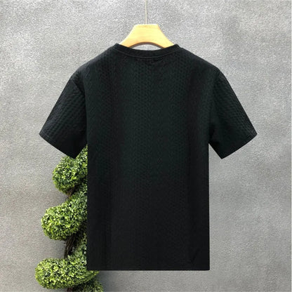 Simplicity Trend Versatile Summer Men's Solid Color Round Neck Jacquard Weave Fashion Versatile Loose Short Sleeve T-Shirts Top