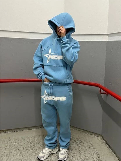 Trendy Kangaroo Pocket Hoodie And Sweatpants 2 Piece Set For Man Casual Letter Printed Outfits 2024 Elastic Waist Pants Suit