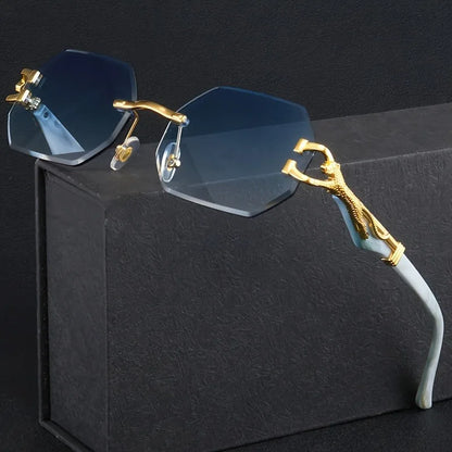 Vintage Rimless Polygonal Metal Frame Sunglasses with Leopard DesignTemples -Unisex