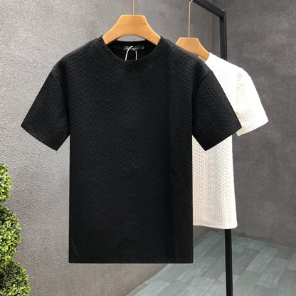 Simplicity Trend Versatile Summer Men's Solid Color Round Neck Jacquard Weave Fashion Versatile Loose Short Sleeve T-Shirts Top