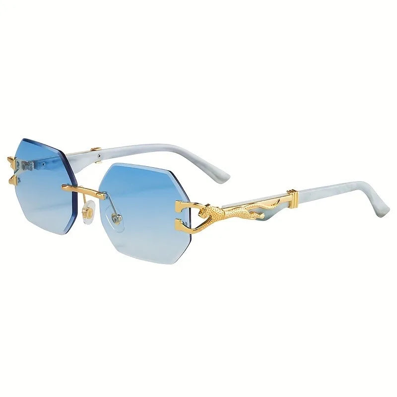 Vintage Rimless Polygonal Metal Frame Sunglasses with Leopard DesignTemples -Unisex