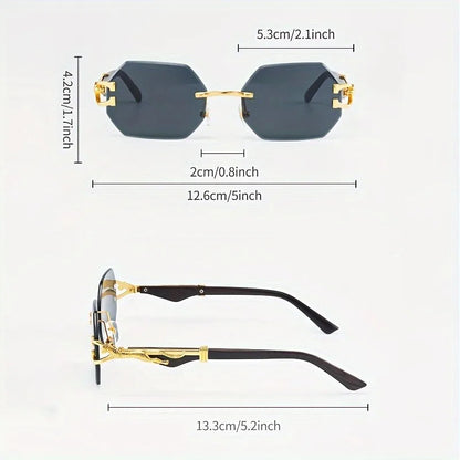 Vintage Rimless Polygonal Metal Frame Sunglasses with Leopard DesignTemples -Unisex