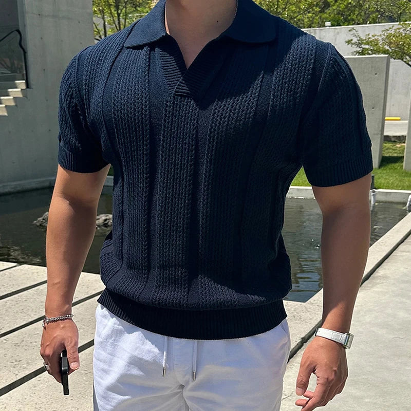 Fashion Mesh Knitted Polo Shirts Men Trendy Slim Fit Short Sleeve Breathable Knit T Shirt Mens Spring Summer Streetwear Polo Tee