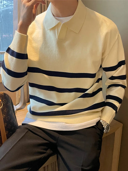 Simple Lapel Striped Sweater for Men – Casual & Stylish