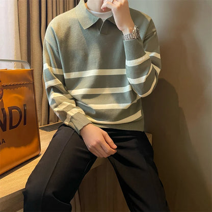 Simple Lapel Striped Sweater for Men – Casual & Stylish