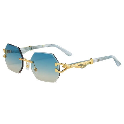 Vintage Rimless Polygonal Metal Frame Sunglasses with Leopard DesignTemples -Unisex