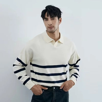 Simple Lapel Striped Sweater for Men – Casual & Stylish