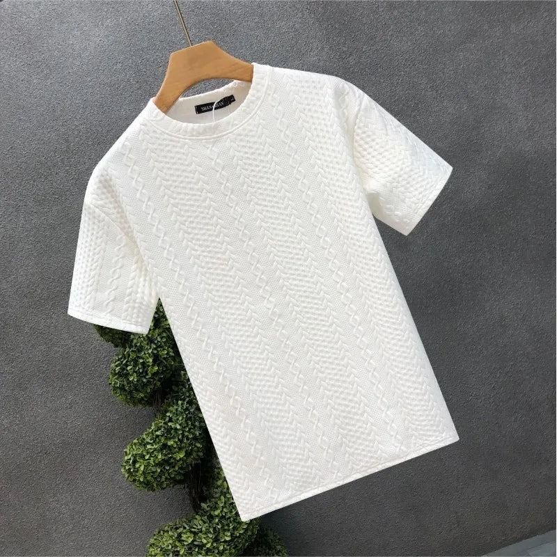 Simplicity Trend Versatile Summer Men's Solid Color Round Neck Jacquard Weave Fashion Versatile Loose Short Sleeve T-Shirts Top