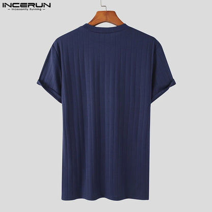 Handsome Well Fitting Tops INCERUN New Men Knitted O-Neck Well Fitting T-shirts Casual Fashion Solid Short Sleeve Camiseta S-5XL