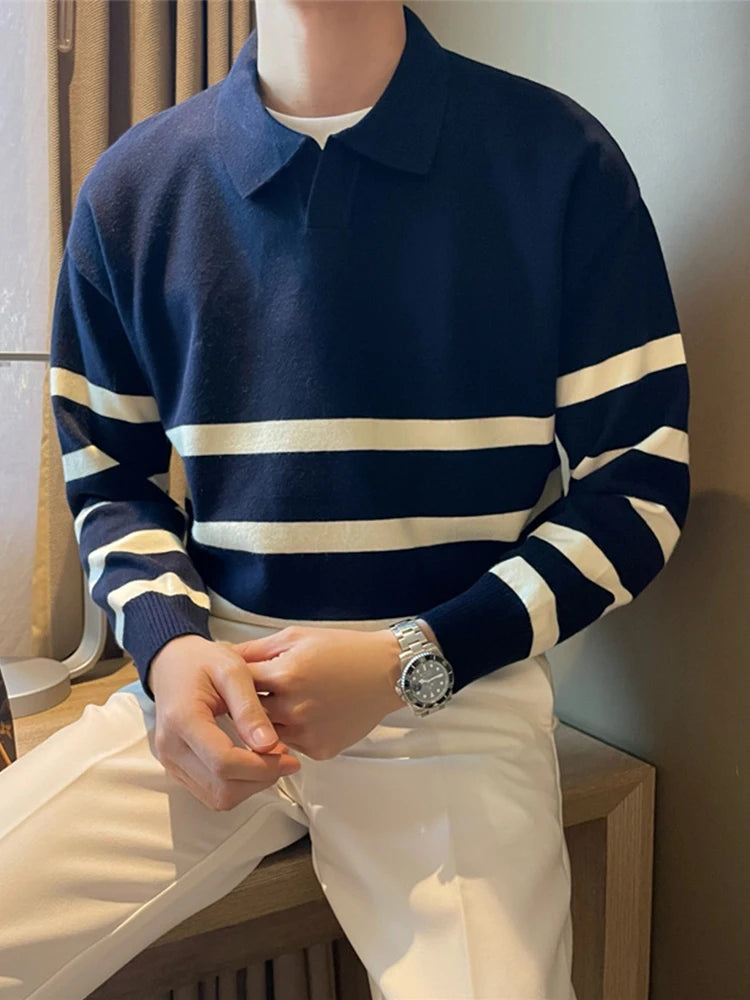 Simple Lapel Striped Sweater for Men – Casual & Stylish